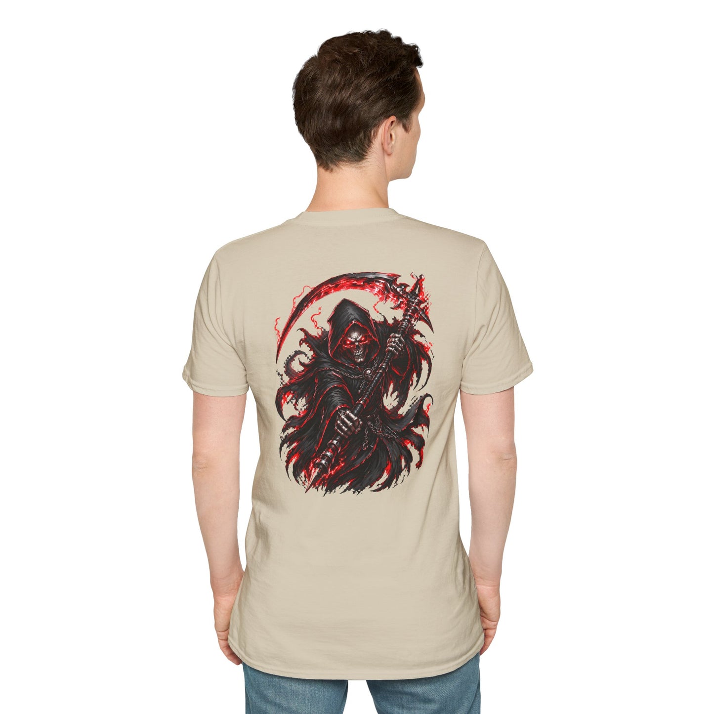GLOWING RED GRIM REAPER - (Front/Back Print) - Unisex Soft Style T-Shirt