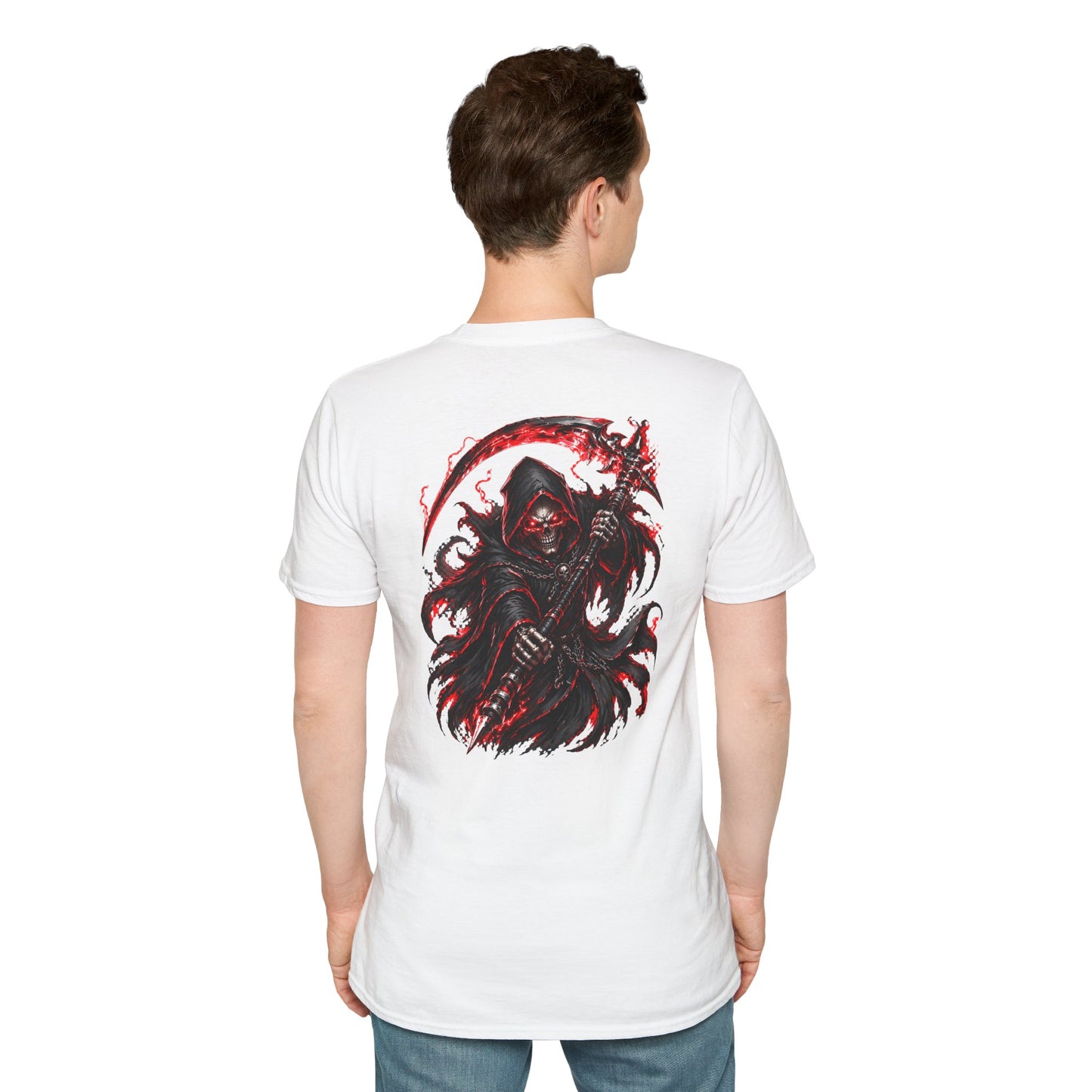 GLOWING RED GRIM REAPER - (Front/Back Print) - Unisex Soft Style T-Shirt