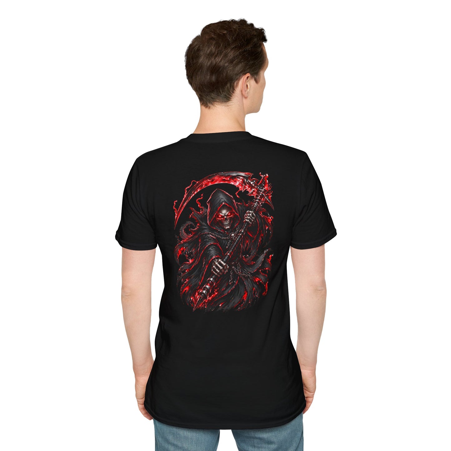 GLOWING RED GRIM REAPER - (Front/Back Print) - Unisex Soft Style T-Shirt