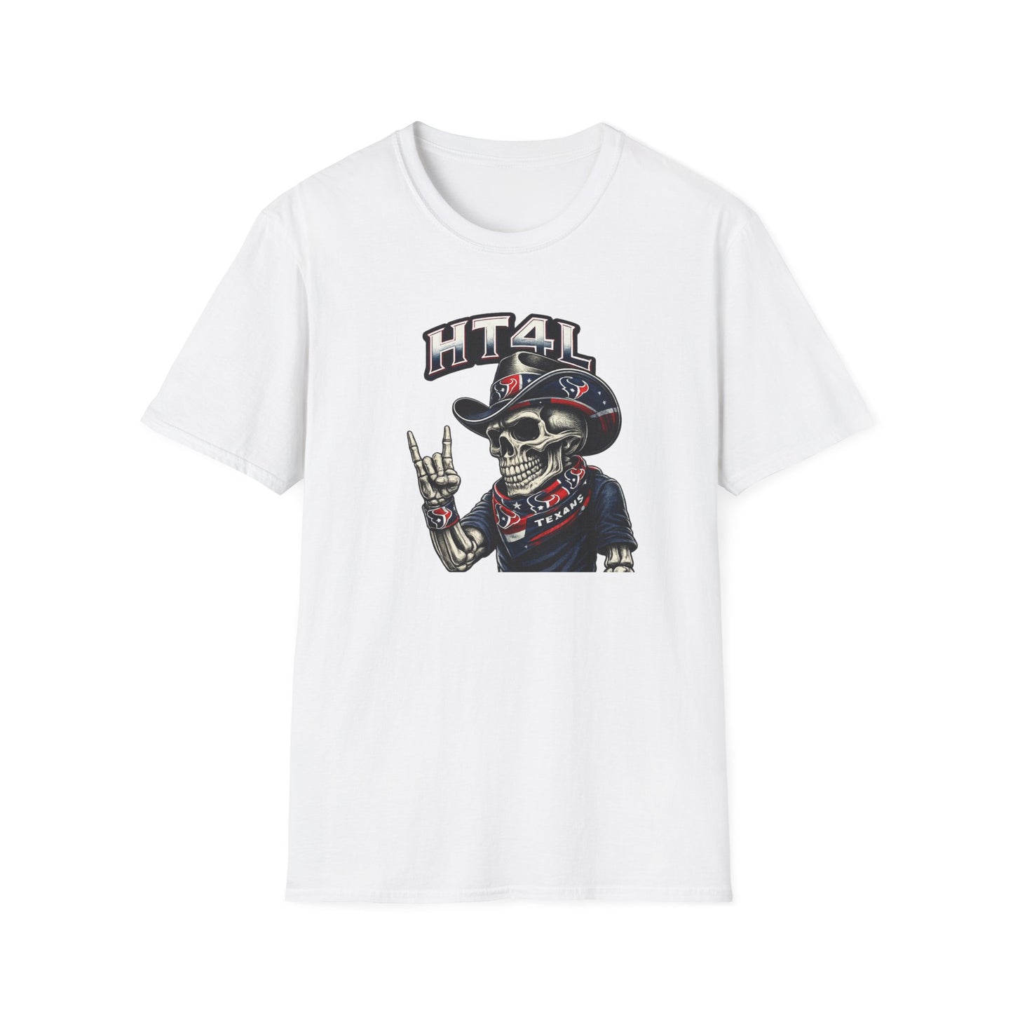 Skeleton Texans dude throwing up the H - Unisex Soft Style T-Shirt