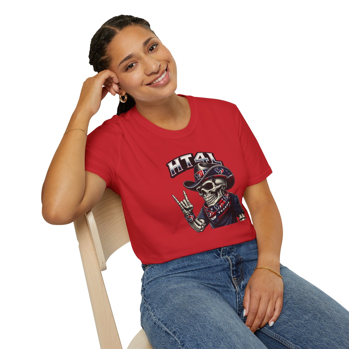 Skeleton Texans dude throwing up the H - Unisex Soft Style T-Shirt