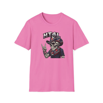 Skeleton Texans dude throwing up the H - Unisex Soft Style T-Shirt