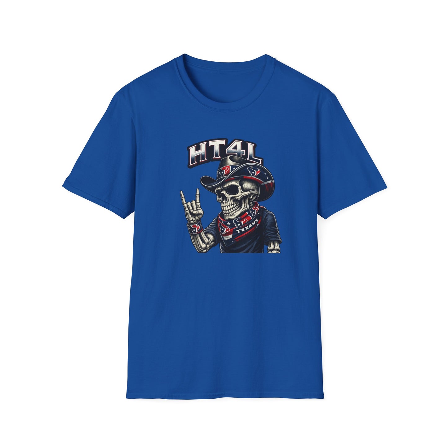 Skeleton Texans dude throwing up the H - Unisex Soft Style T-Shirt