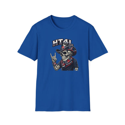 Skeleton Texans dude throwing up the H - Unisex Soft Style T-Shirt