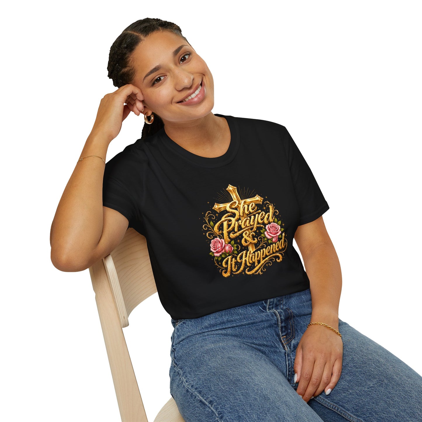 SHE PRAYED & IT HAPPENED - Unisex Soft Style T-Shirt