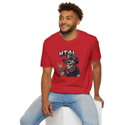 Skeleton Texans dude throwing up the H - Unisex Soft Style T-Shirt